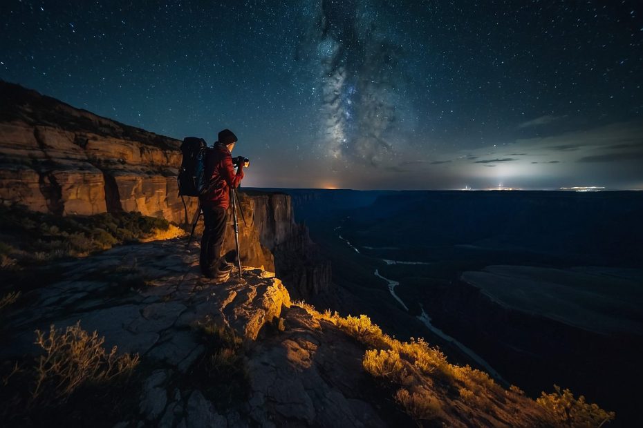 Photographe utilisant un appareil photo sur trépied pour capturer la Voie lactée dans un ciel nocturne dégagé.