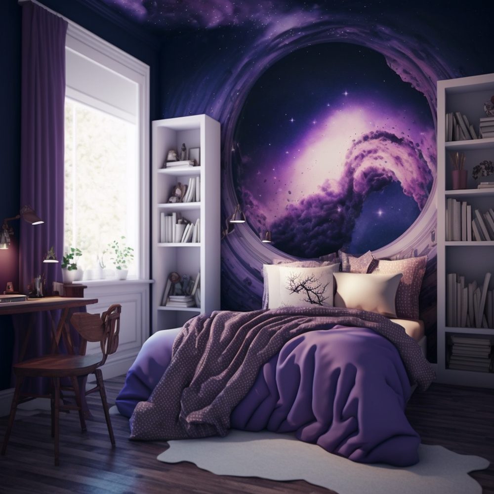 Intérieur d’une chambre espace enfant avec décoration astronomique, mobilier ludique et coin lecture.