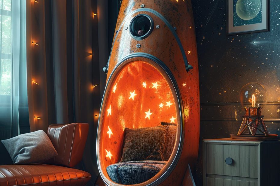 Chambre d’enfant décorée sur le thème de l’espace, avec un lit, des étoiles et des planètes suspendues.