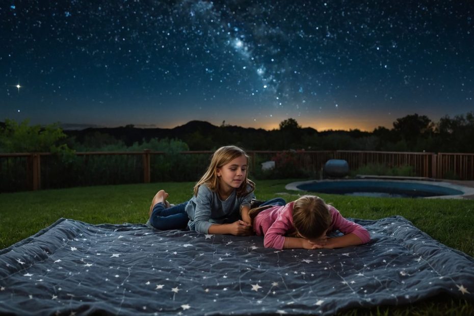 Débutant observant le ciel étoilé avec un télescope dans un jardin.