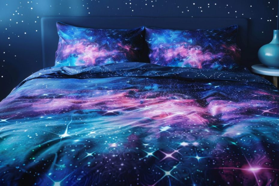 Chambre décorée sur le thème de l’astronomie avec carte des étoiles, planètes et éclairage tamisé.