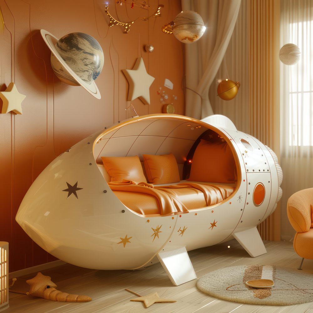 Décoration de chambre inspirée de l’espace avec une fusée, des astronautes et une fresque représentant la voie lactée.