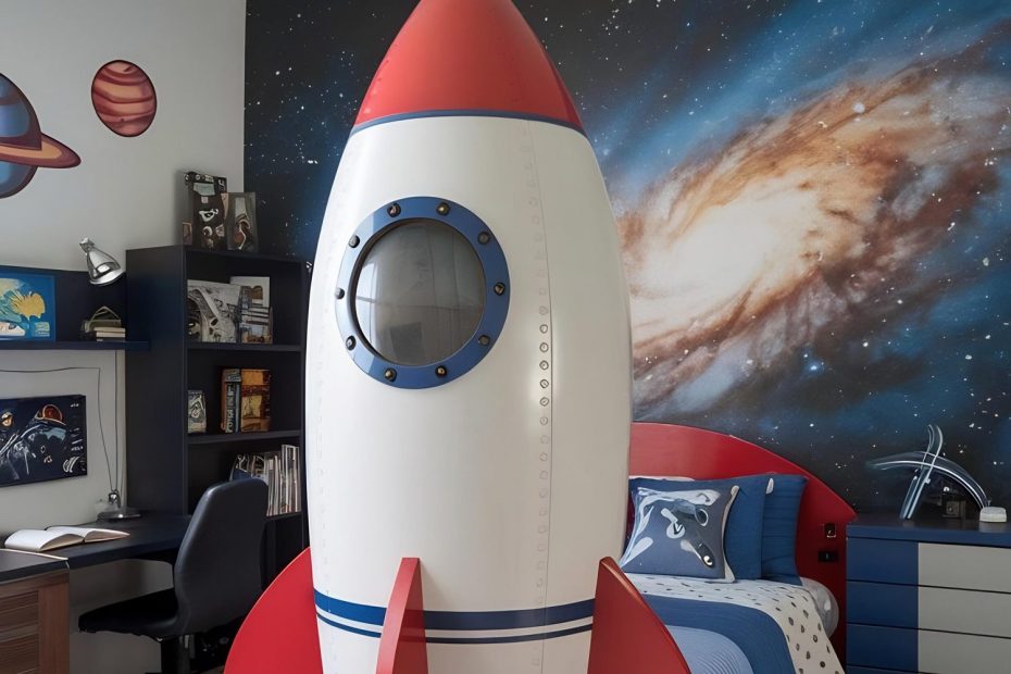 Chambre décorée sur le thème de l’espace avec des planètes suspendues, des étoiles lumineuses et du linge de lit bleu nuit.