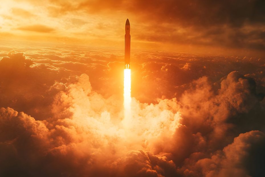 Une fusée décolle d’une base de lancement dans un nuage de fumée et de flammes.