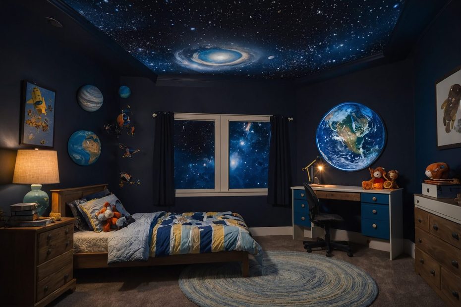 Chambre décorée sur le thème de l’espace avec une carte céleste, des étoiles et des objets d’astronomie.