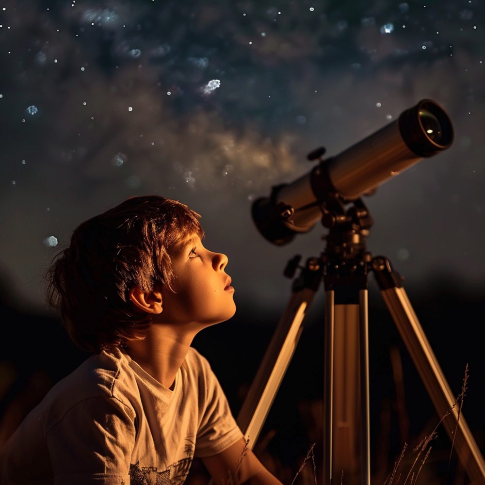 Jumelles et télescope posés sur une table d’observation sous un ciel nocturne dégagé.