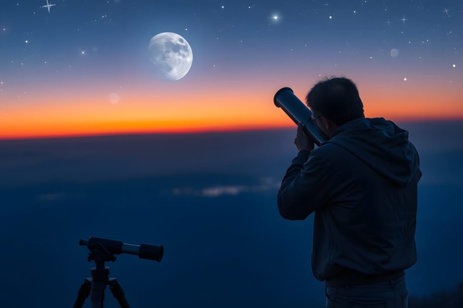 Un débutant observe la Lune avec un télescope installé dans un jardin nocturne.