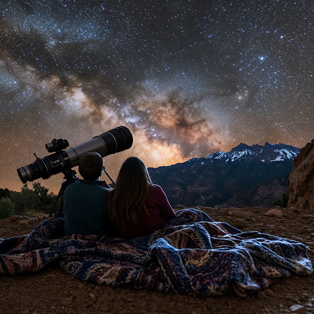 Un observateur contemple un ciel étoilé et les constellations visibles à l’œil nu lors d’une nuit claire.