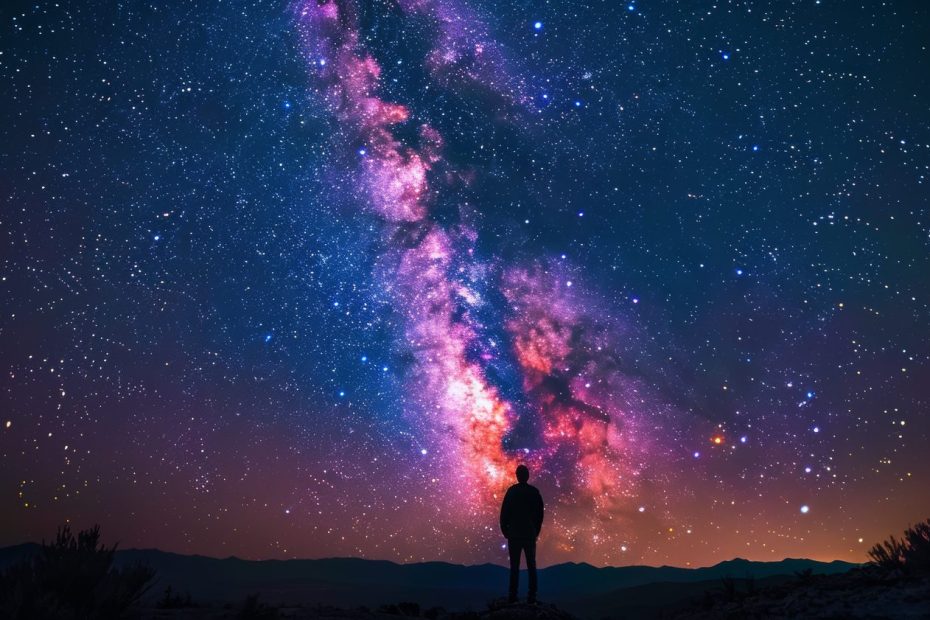 Une personne observe la Voie lactée à l’œil nu depuis un paysage dégagé, sans instrument.