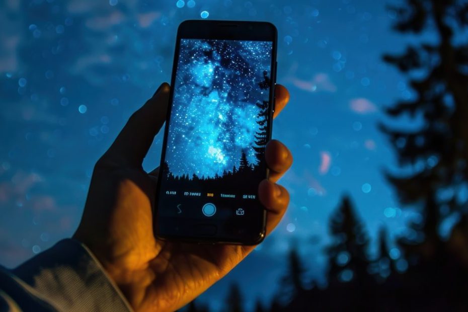 Une personne photographie un ciel étoilé avec un smartphone posé sur un trépied.