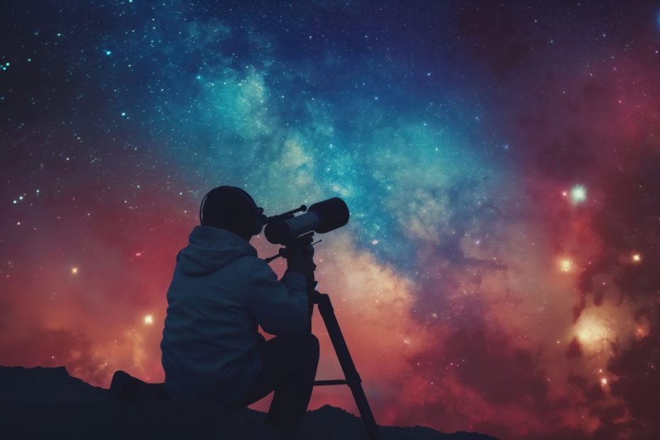 Un astronome amateur observe le ciel nocturne à travers son télescope installé sur un trépied.