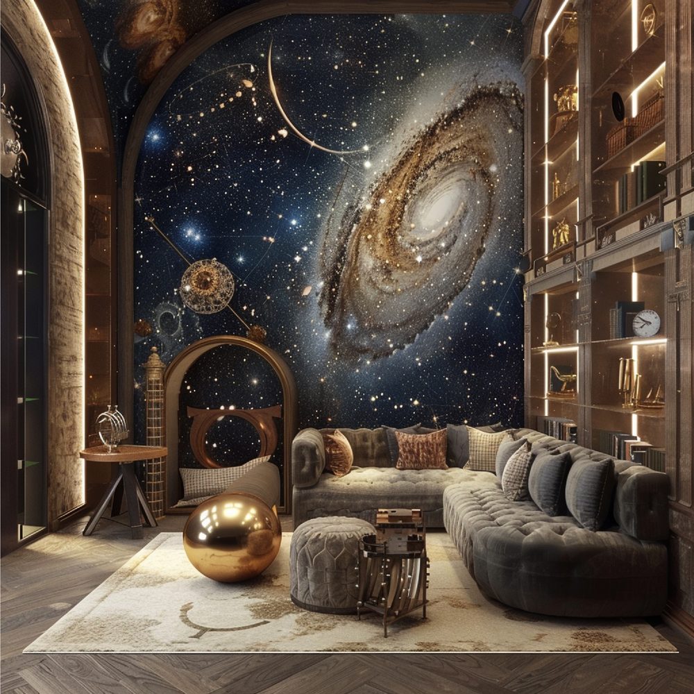 Intérieur apaisant d’une chambre adulte sur le thème de l’espace, avec tons sombres, affiches célestes et éclairage tamisé.