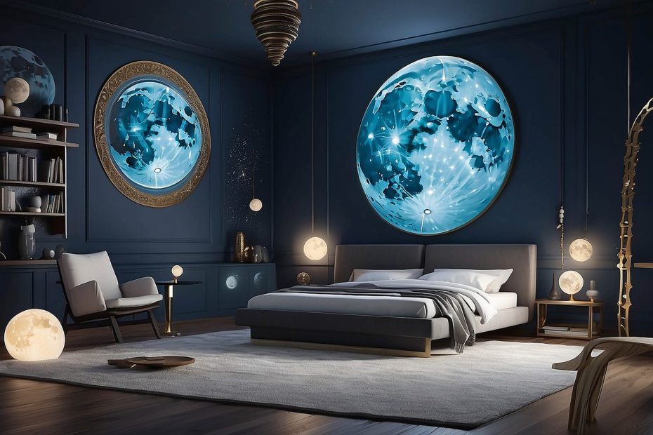 Chambre d’astronomie pour adulte avec literie élégante, ciel étoilé et décoration inspirée des constellations.