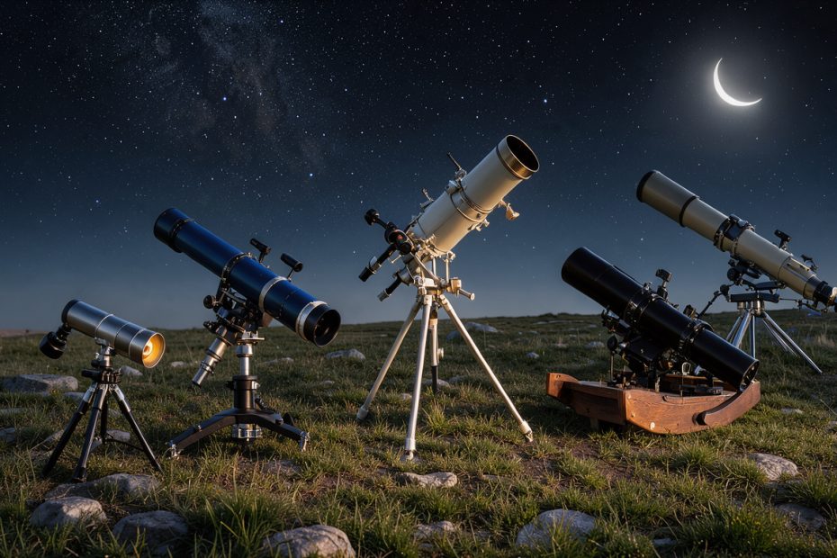 Plusieurs télescopes de diamètres différents installés sur une colline et orientés vers un ciel étoilé avec un croissant de lune.