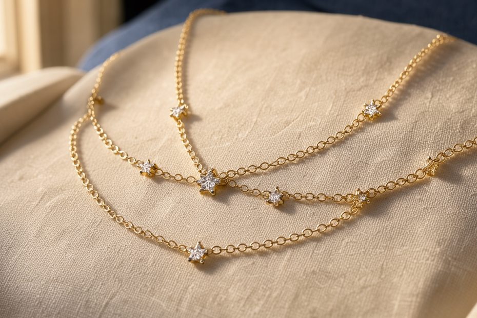 Collier délicat inspiré des constellations, composé de fines chaînes dorées et de petites pierres en forme d’étoiles, présenté sur un support en lin crème.