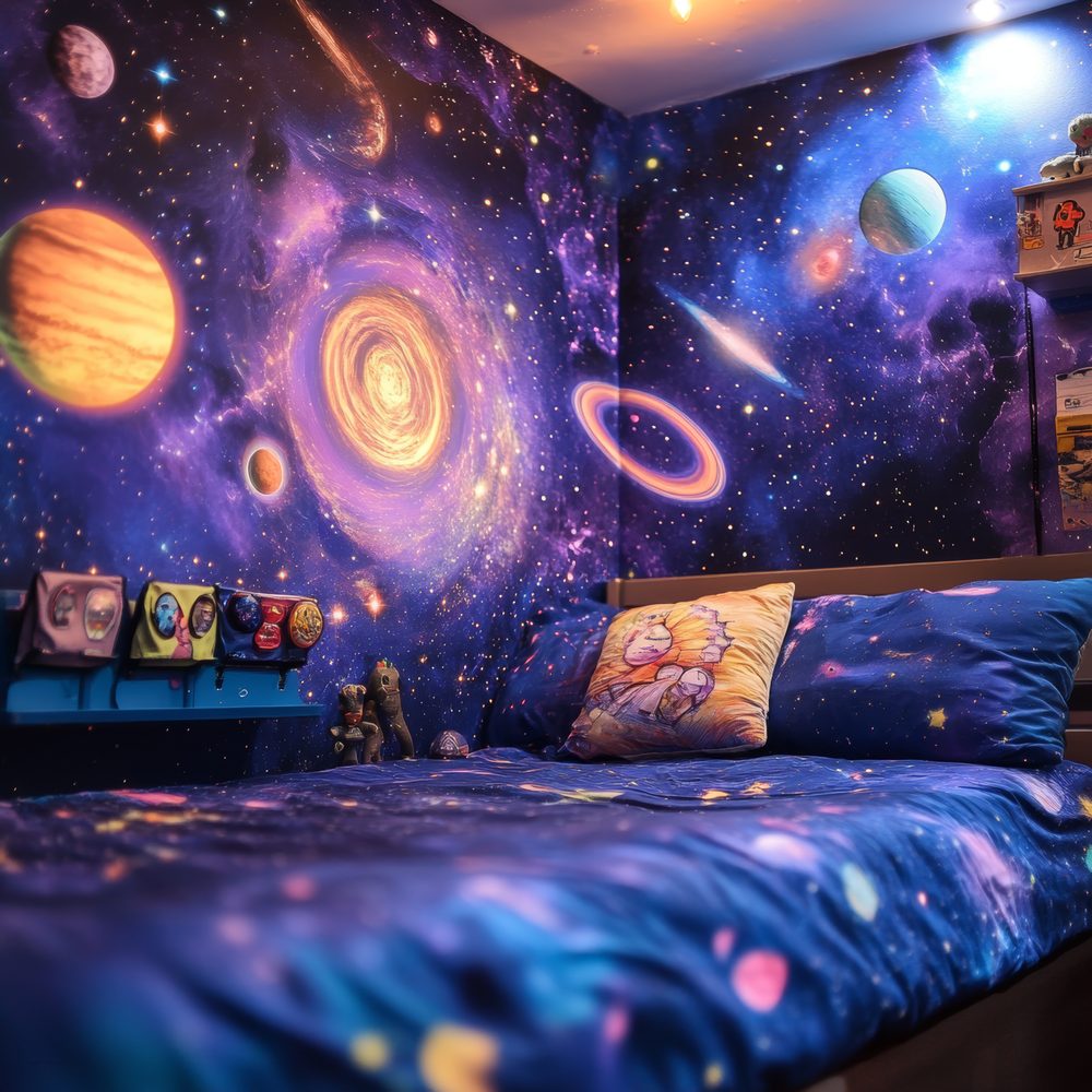 Chambre inspirée de l’espace avec une literie aux couleurs galactiques, des planètes suspendues et un mur sombre parsemé d’étoiles.