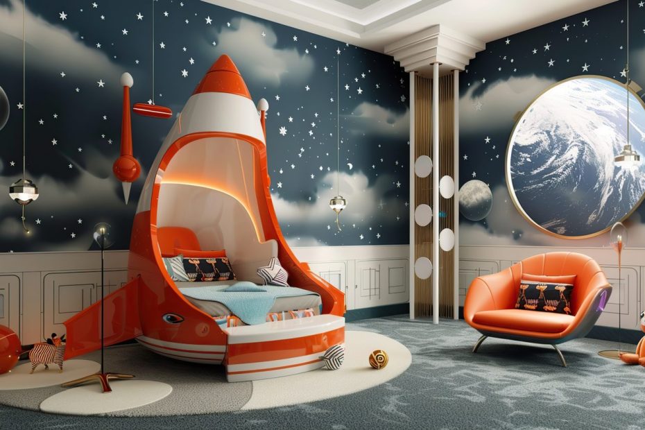 Chambre d’enfant décorée sur le thème de l’espace avec des murs bleu nuit, des touches violettes et des étoiles lumineuses au plafond.