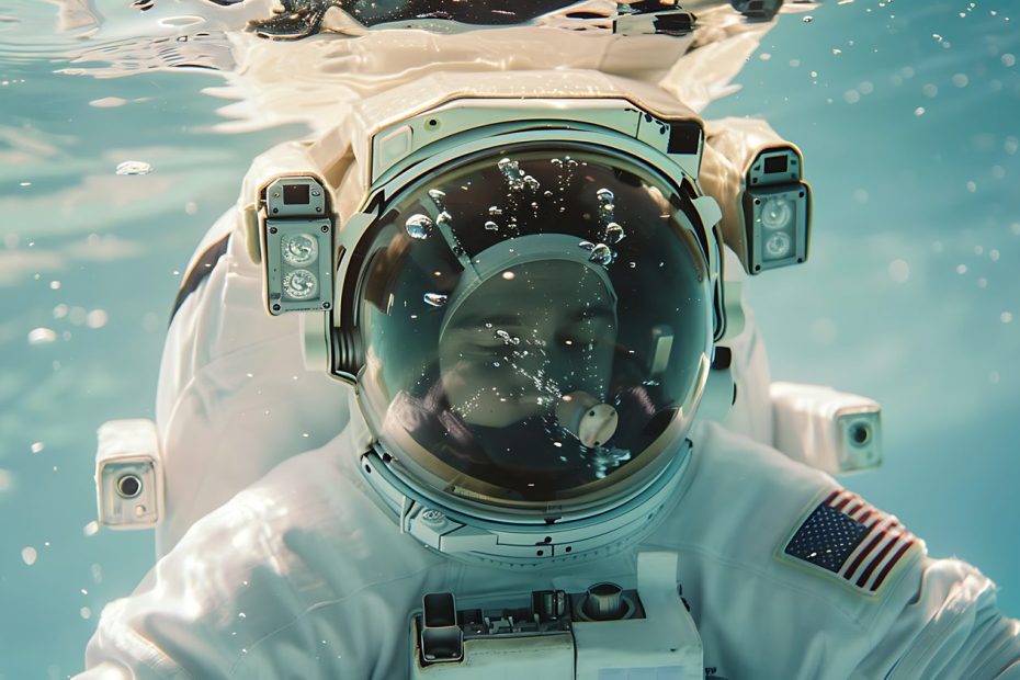 Candidat astronaute en combinaison s’entraînant dans une piscine d’immersion.