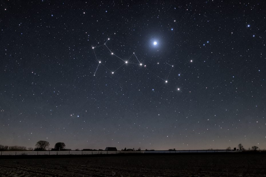 Sirius, l’étoile la plus brillante du ciel nocturne, scintille au-dessus d’un paysage rural sous un ciel étoilé.