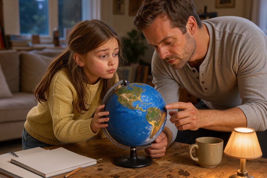 Une jeune fille observe avec son père un globe éclairé par une lampe pour comprendre l’alternance du jour et de la nuit.