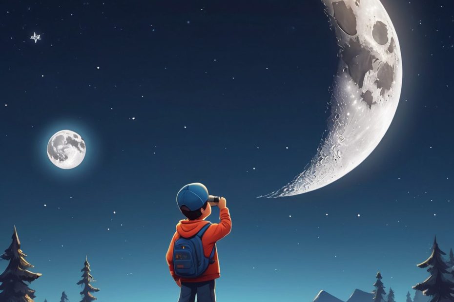 Un enfant observe la Lune dans le ciel nocturne depuis une fenêtre.