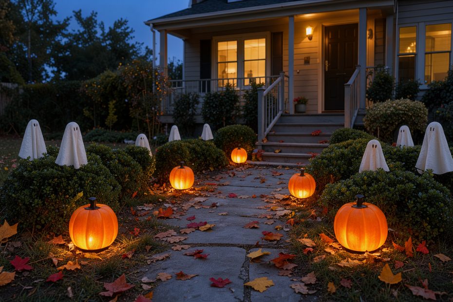 Jardin de maison à la tombée de la nuit, avec une allée bordée de citrouilles solaires orange lumineuses et de discrets fantômes décoratifs sous un ciel bleu nuit.