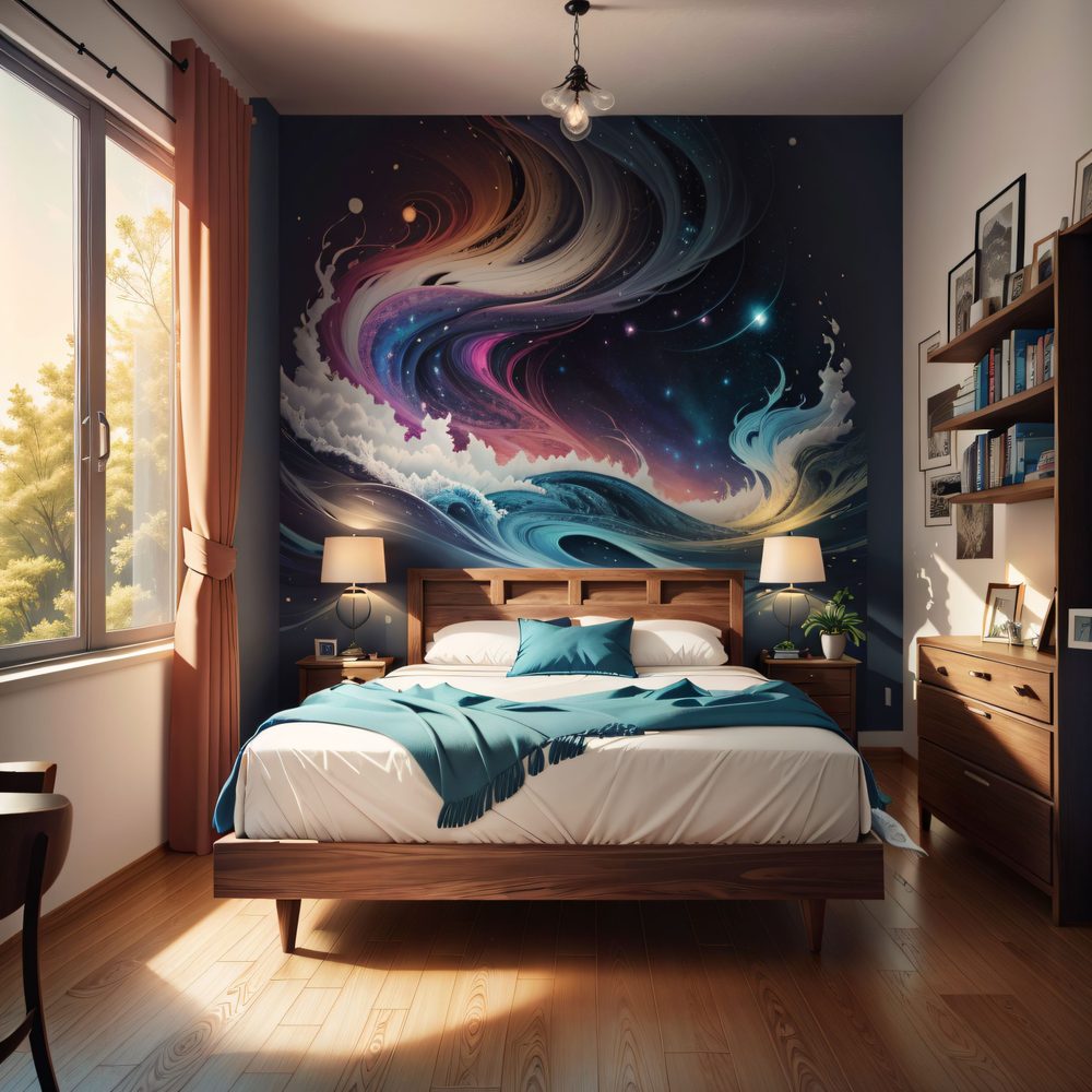 Décoration murale représentant la Voie lactée dans une chambre aux tons bleu nuit.