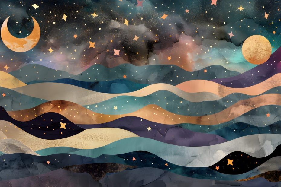 Chambre décorée avec un mur inspiré de la Voie lactée et des étoiles lumineuses.