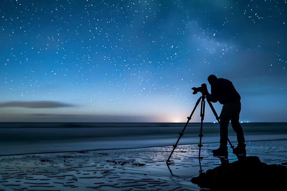 Photographe réalisant une prise de vue de la Voie lactée avec un objectif grand-angle sous un ciel étoilé.