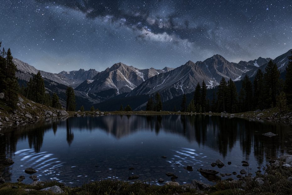 Paysage alpin des Alpes françaises sous une Voie lactée éclatante, avec les étoiles reflétées dans un lac de montagne.