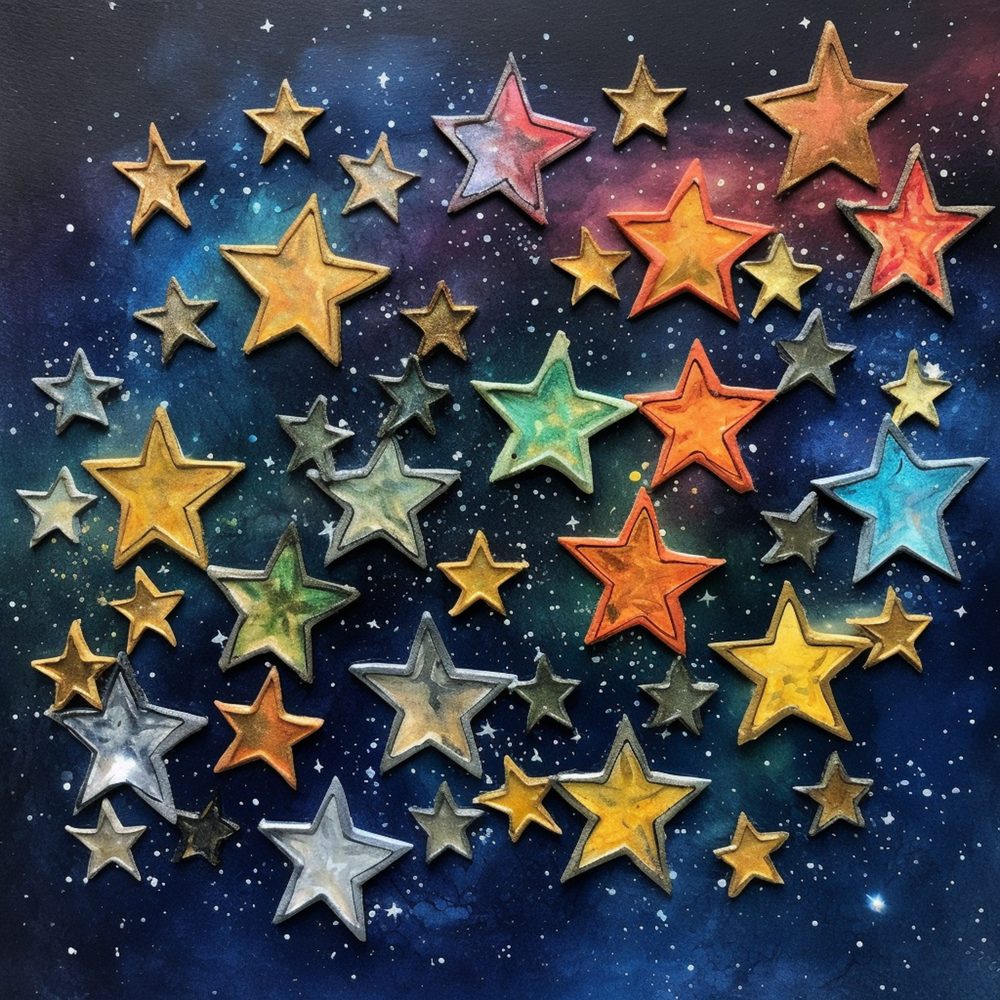 Plafond de chambre décoré d’un ciel étoilé peint, avec des étoiles de tailles variées pour un rendu réaliste.