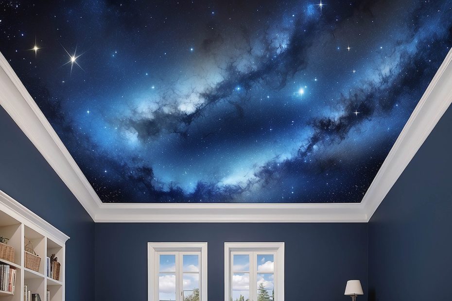Personne peignant des étoiles lumineuses sur le plafond d’une chambre avec un pinceau fin.