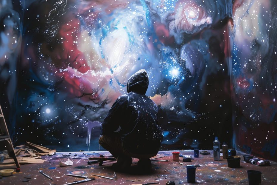 Artiste peignant une galaxie colorée sur un mur intérieur avec des pinceaux et de la peinture.