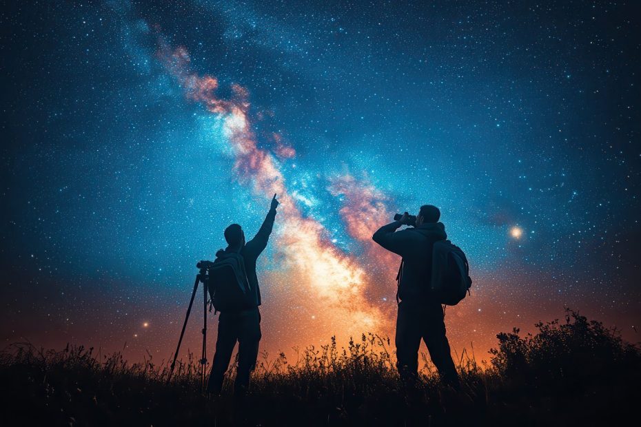 Personnes observant un ciel nocturne étoilé depuis une colline