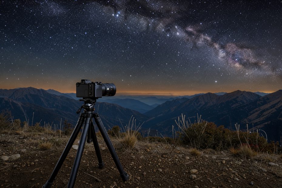 Appareil photo sur trépied photographiant un ciel étoilé et la Voie lactée au-dessus de montagnes.