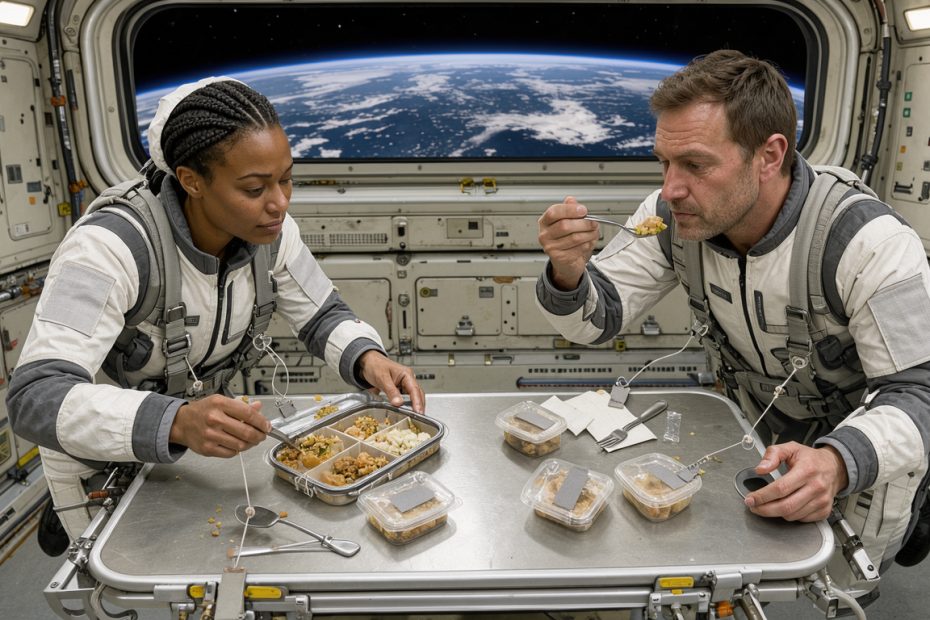 Une femme astronaute et un homme astronaute prennent un repas dans un module lumineux de station spatiale en apesanteur, avec la Terre visible par un hublot.