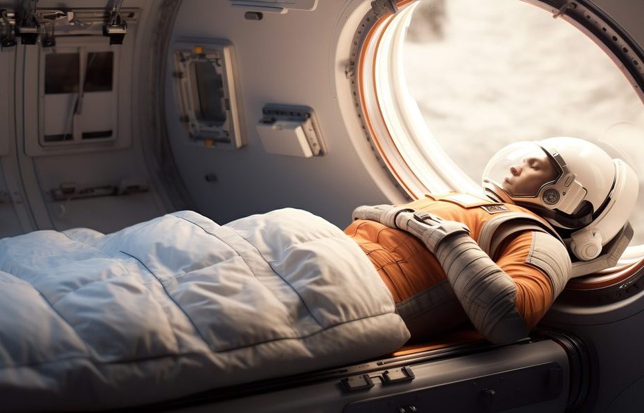 Un astronaute dort dans un sac de couchage fixé à la paroi d’une station spatiale.