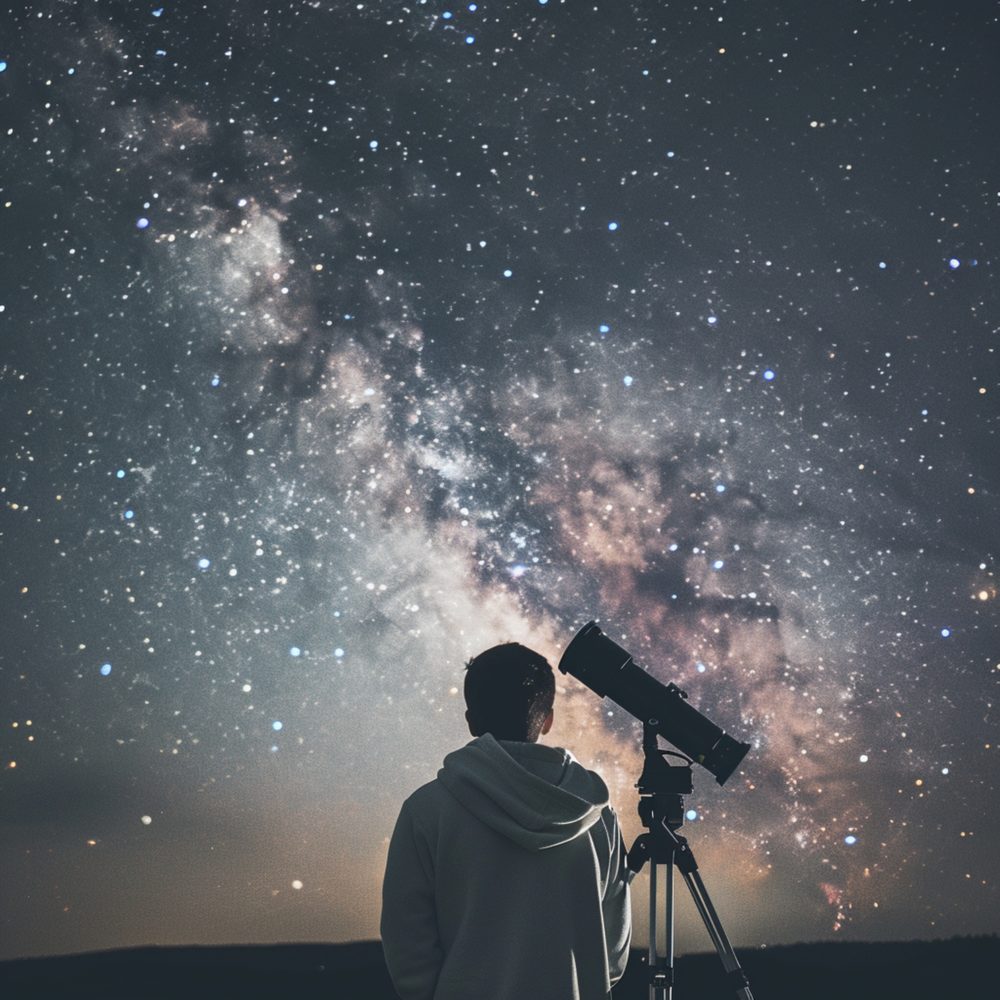 Télescope d’initiation monté sur trépied sous un ciel étoilé pour observer les astres.
