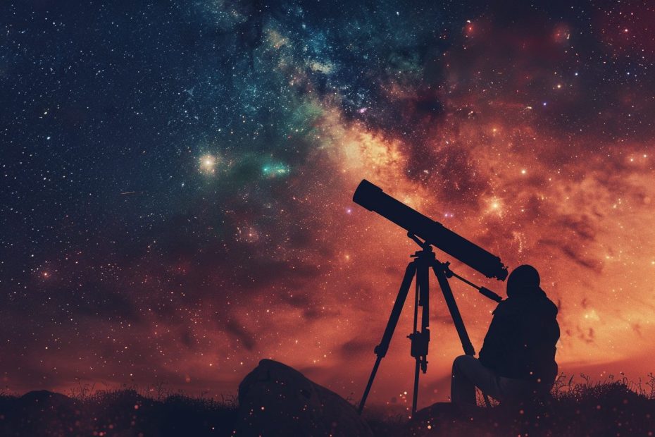 Télescope Dobson installé dans un jardin pour observer le ciel étoilé.