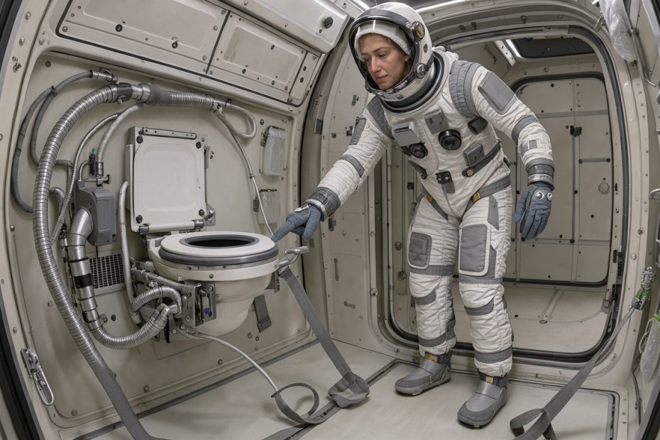 Une astronaute montre le fonctionnement d’une toilette spécialisée dans un compartiment d’hygiène propre à bord d’un vaisseau spatial.